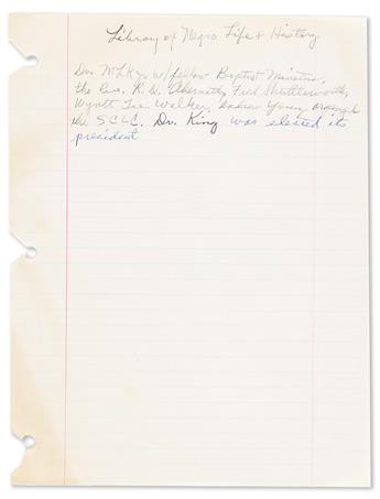 (CIVIL RIGHTS.) [Rosa Parks.] Her hand-written recollection of her first meeting with Martin Luther King Jr.